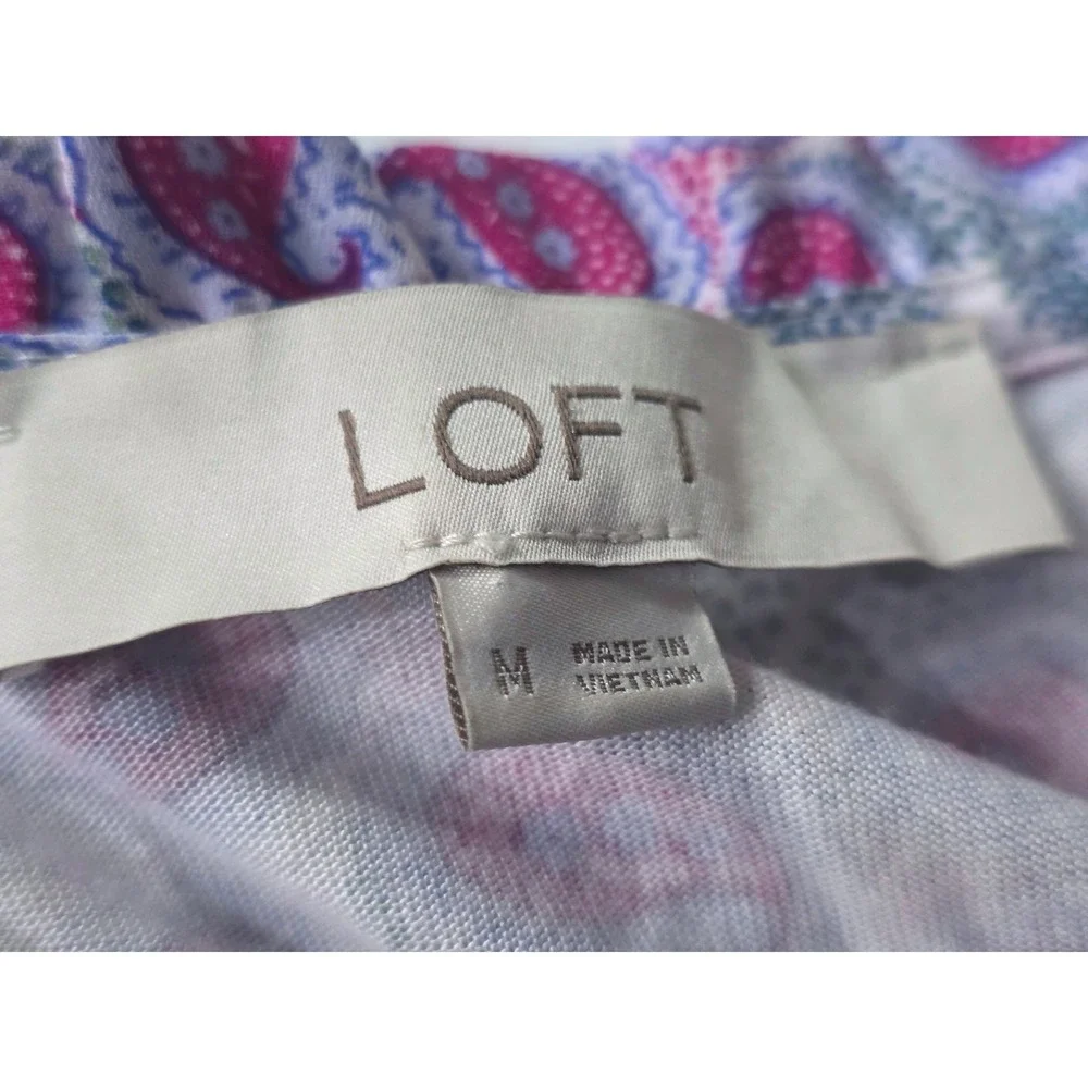 LOFT Womens Pink Purple Paisley Smocked Ruffle Neck Short Sleeve Blouse Size M